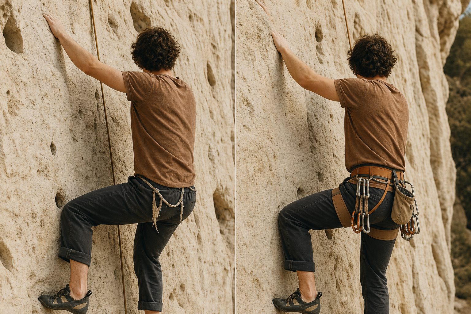 Split view of the same climber: thin frayed waist cord vs full terracotta harness