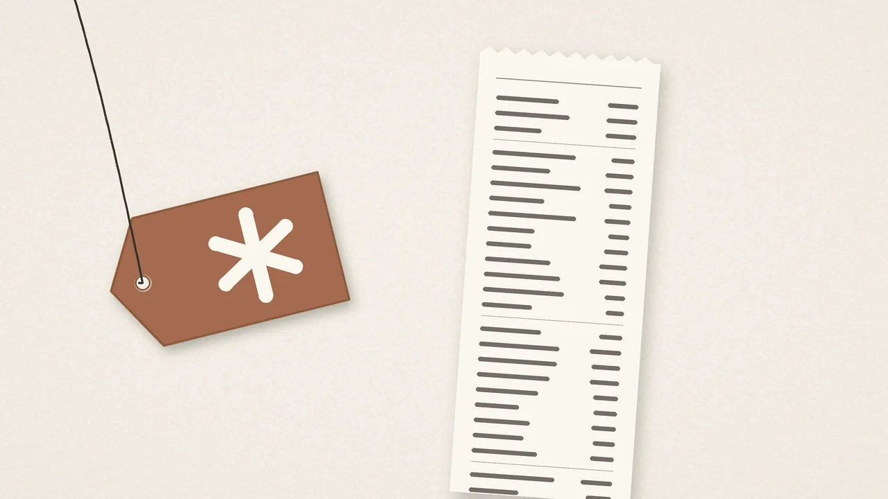Clay price tag marked with an asterisk beside a long itemized receipt — list price is the menu, tokens per job is the receipt