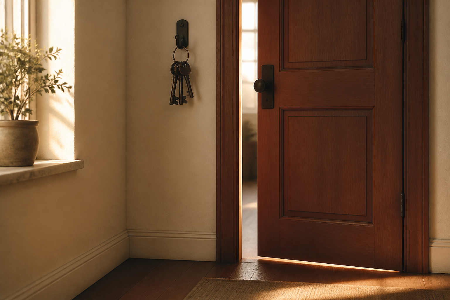 Cream hallway with terracotta door ajar and iron keys on the wall