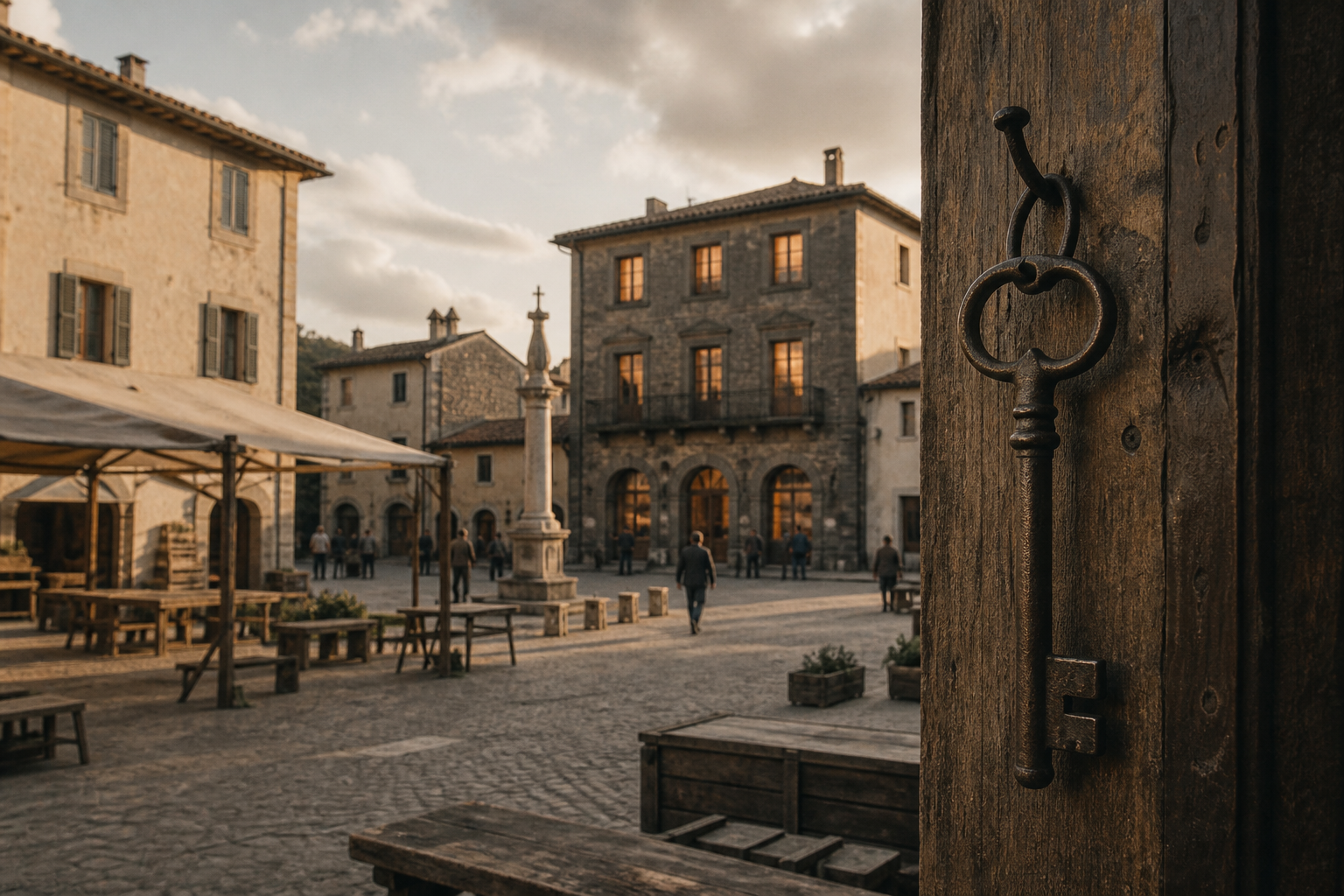 Town square at dusk with a large iron key hanging in the foreground