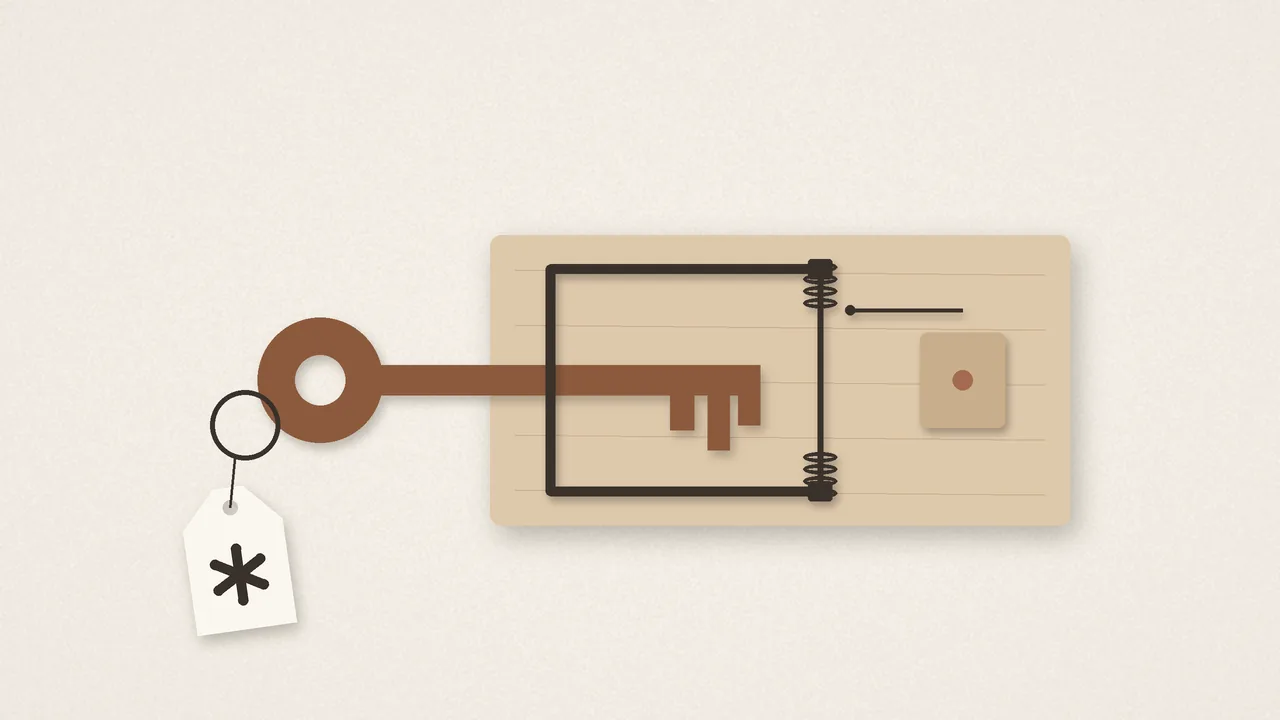 Mousetrap snapped shut on a key tagged with an asterisk