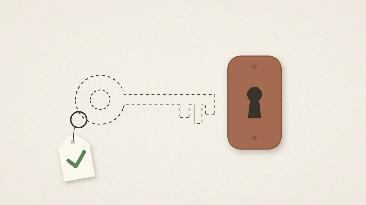 Dashed outline of an imagined key with a green checkmark tag, next to a clay lock plate — built for the grader it imagined