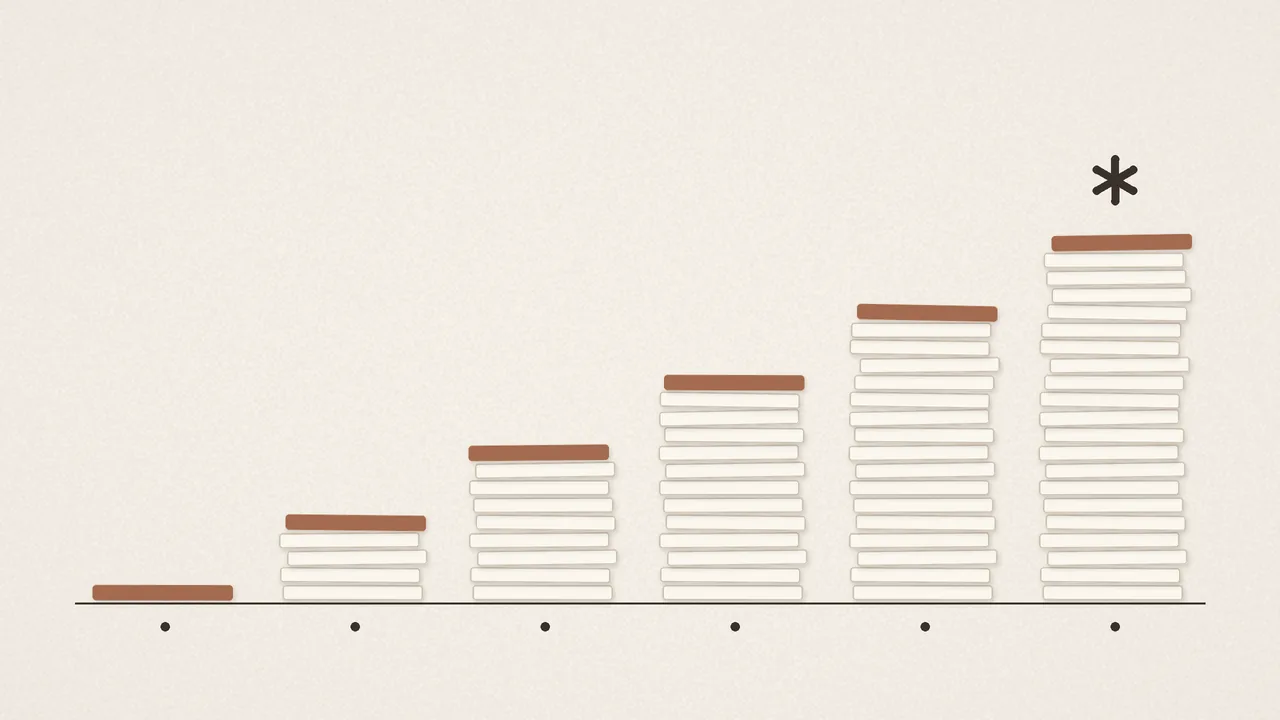 Six paper stacks rising left to right, each topped with a clay sheet, an asterisk over the tallest