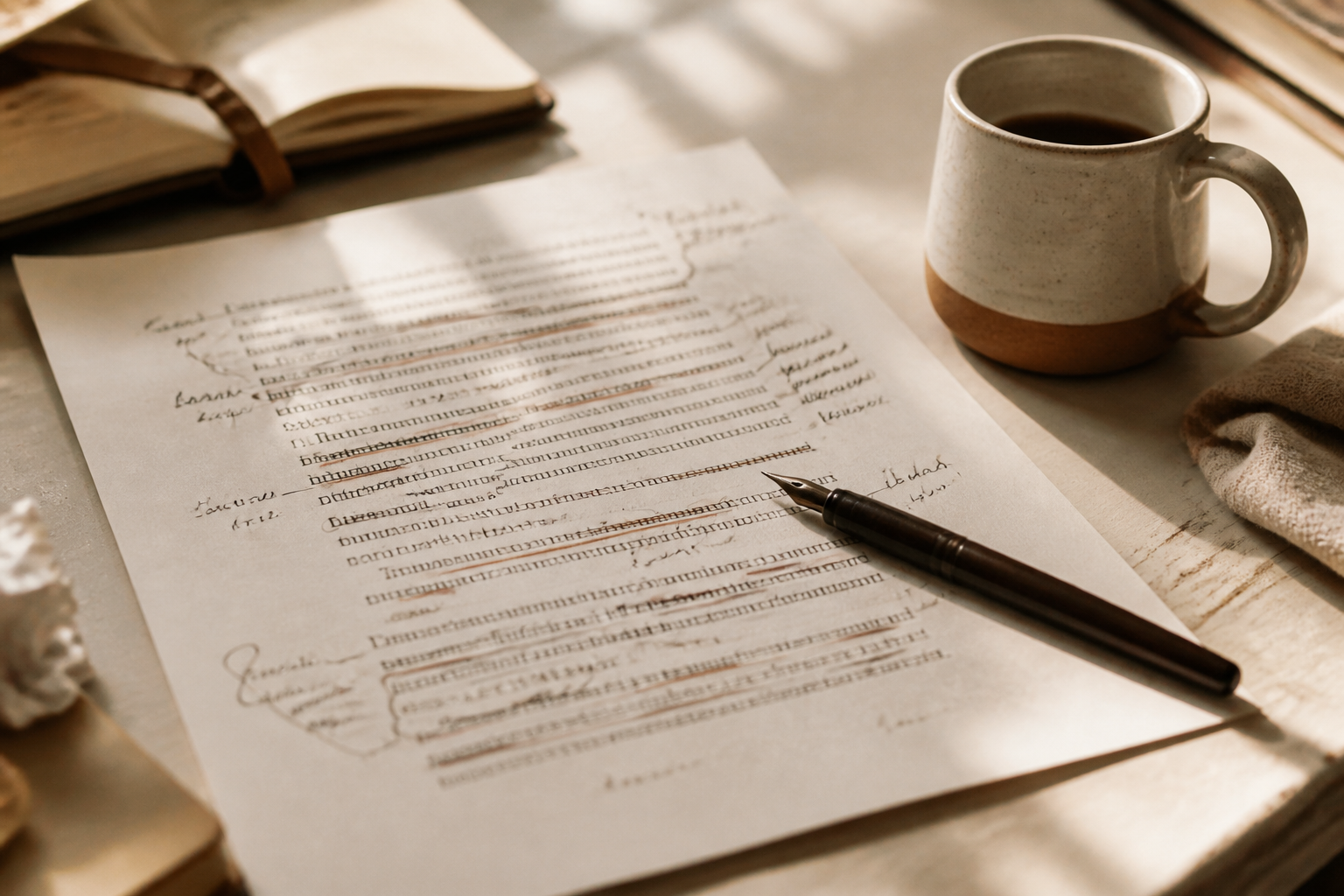 Desk with edited manuscript, fountain pen, and cream-clay coffee mug
