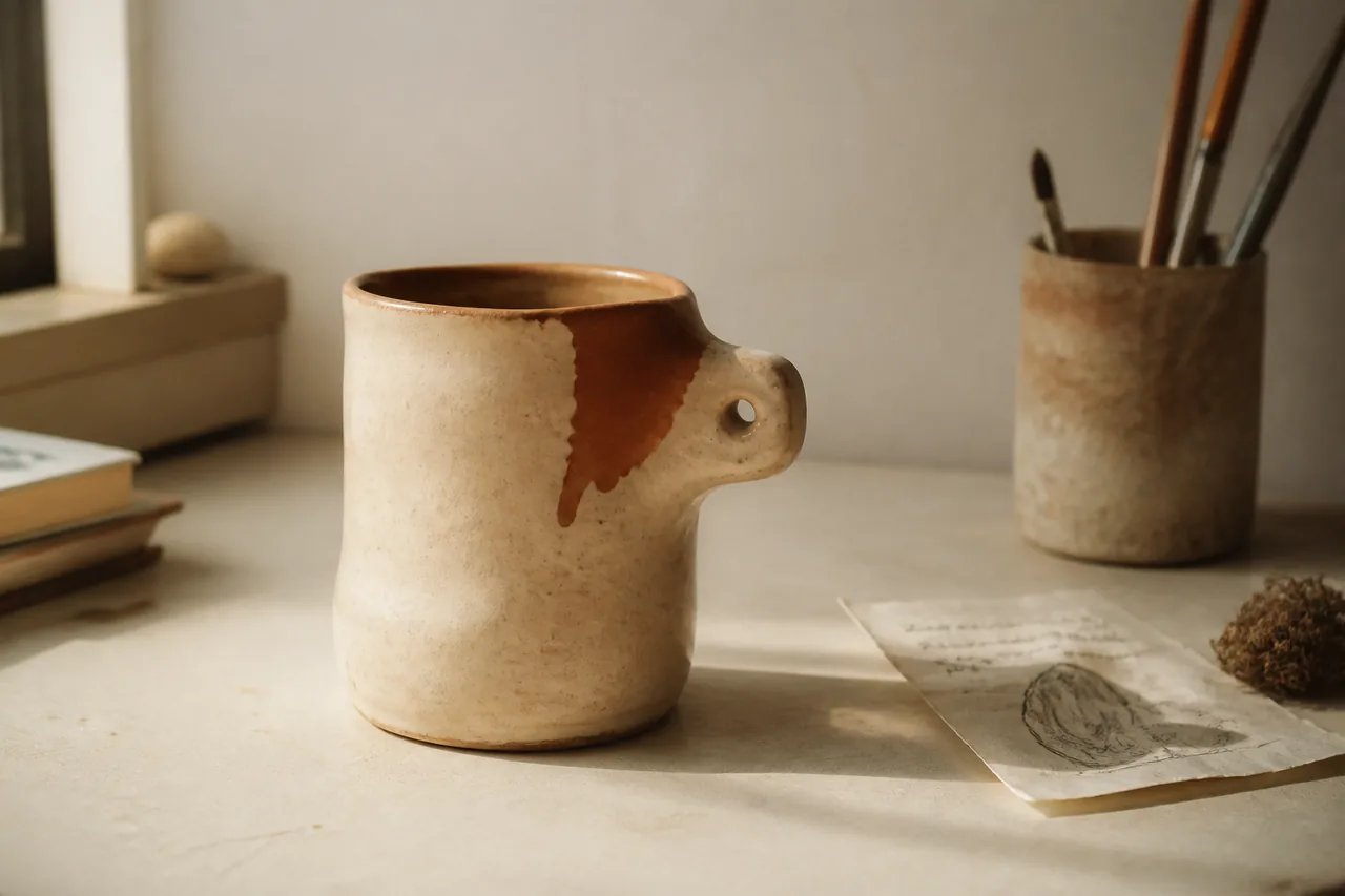 Cream handmade mug with terracotta glaze drip on a quiet studio desk